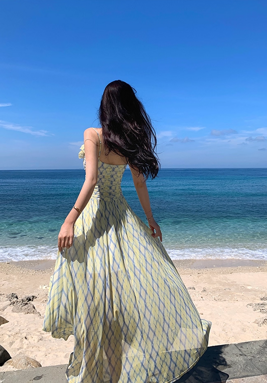 Stylish A-Line Trimmed Ruffles Maxi Dress Vintage Spaghetti Strap Cinched-Waist Plaid Flowy Hem Long Dress AP3493