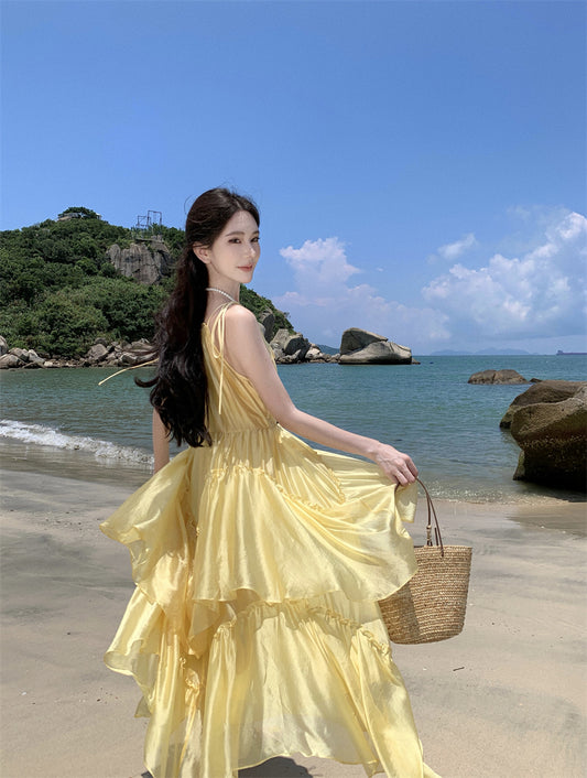 Sparkly Spaghetti Strap Flowy Maxi Dress Dopamine Style A-Line Everyday Wear Yellow Ruffles Tiered Long Dress AP3497