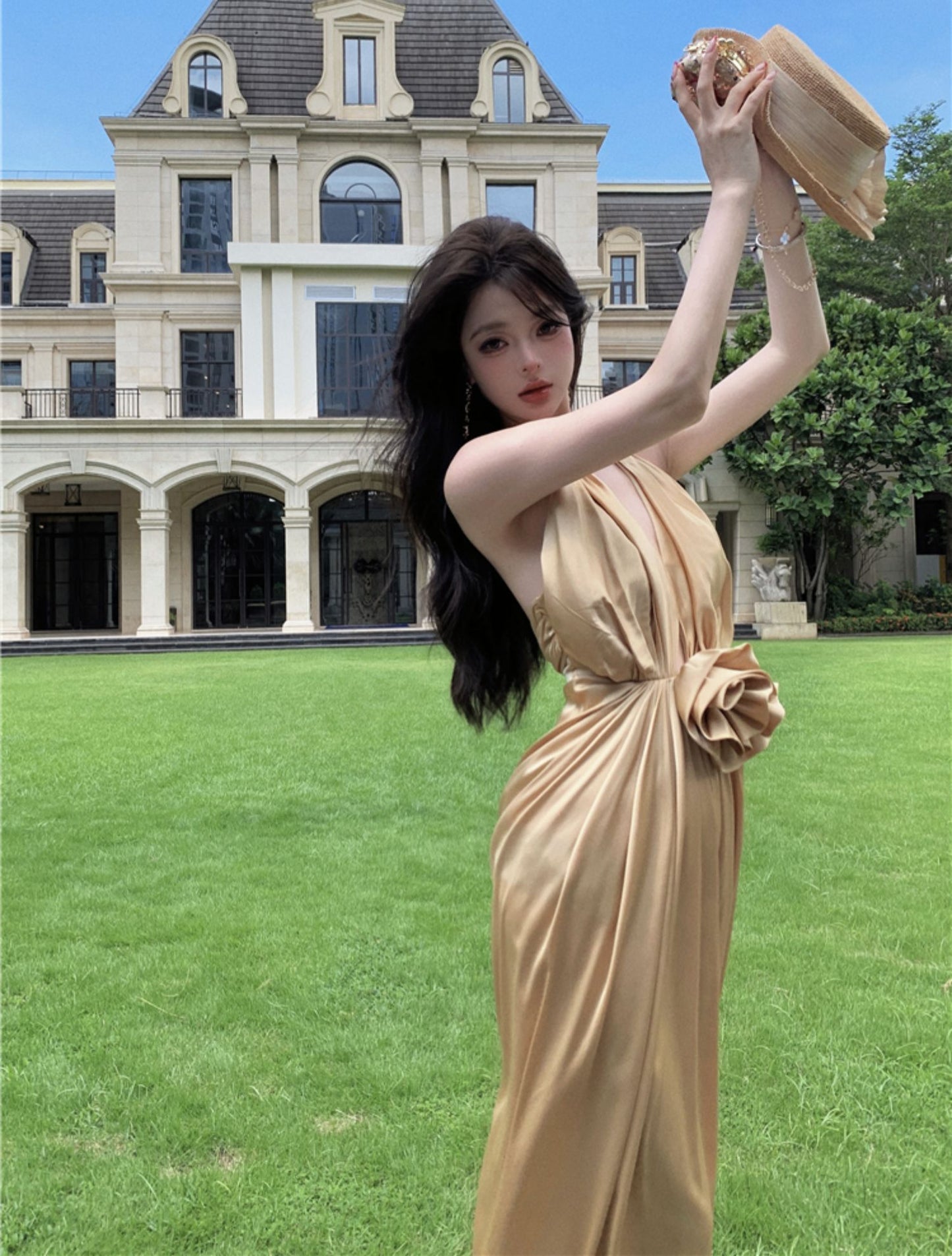 Novelty Sheath High-Slit Cinched-Waist Maxi Dress Cute V-Neck 3D Floral Ruched Halter Long Dress AP3504