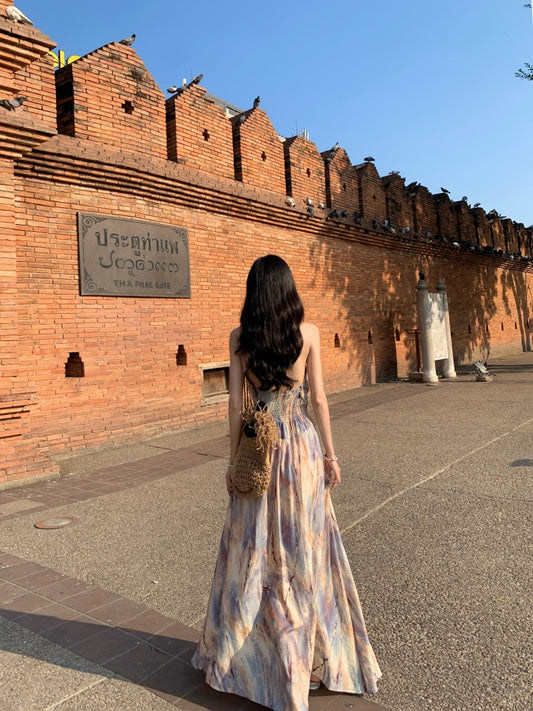 Vogue Tie-Dye A-Line Backless Maxi Dress Oil Painting Style Flowy Ruched Halter Long Dress AP3506