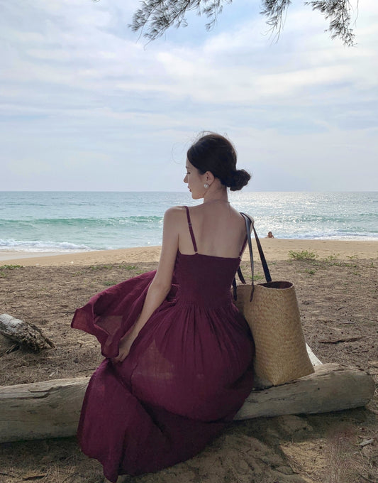 Sexy A-Line Purple Spaghetti Straps Maxi Dress Minimalism Cutout High-Slit Flowy Long Dress AP3507