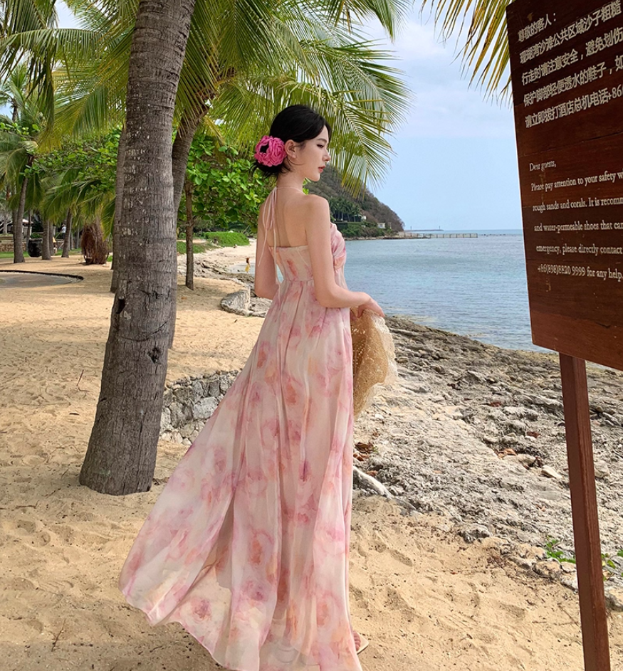 Fantastic A-Line 3D Flower Accent Flowy Tulle Maxi Dress Cute Floral Print Adjustable Tie-Back Halter Long Dress AP3520