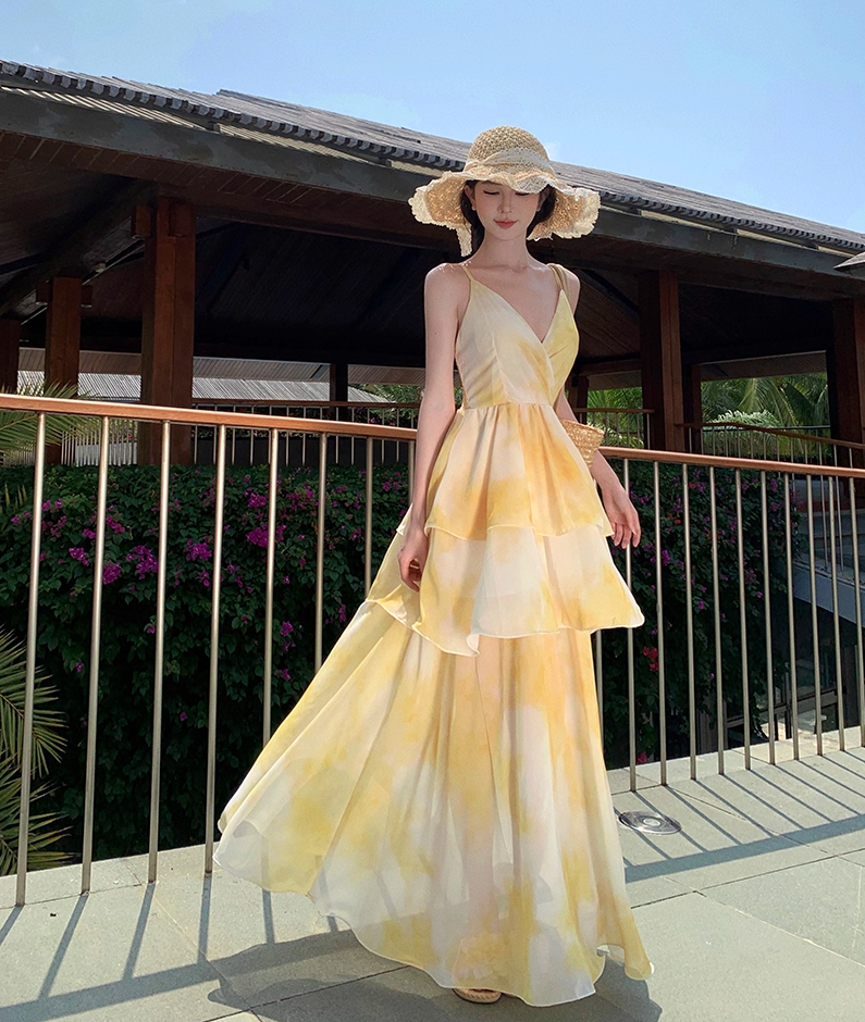 Classical A-Line Cinched-Waist Spaghetti Straps Maxi Dress Simple Tiered Yellow Tie-Dye Long Dress AP3521