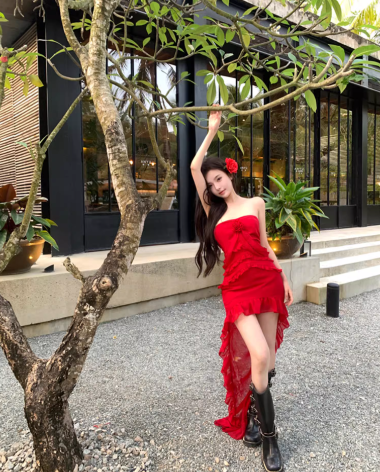 Graceful Strapless Ruffles Hi-Lo Hem Red Maxi Dresses Charming 3D Floral Accent Sheath Long Dress AP3523