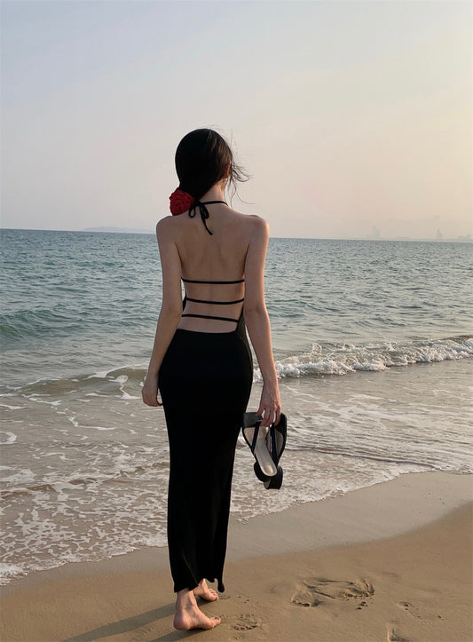 Ornate Sheath Backless Black Maxi Dress Sexy Tie-Back Evening Outfit Halter Long Dress AP3528