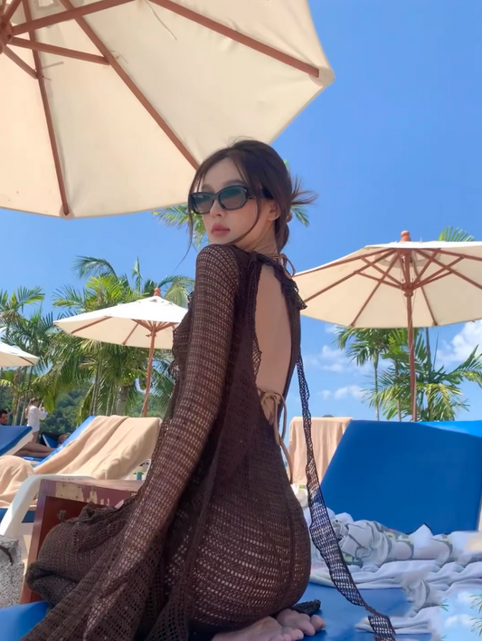 Appealing Sheath Long Bell Sleeve Maxi Dresses Hottie V-Neck Bikini Cover-Up Cutout Ruffles Trim Long Dress AP3533