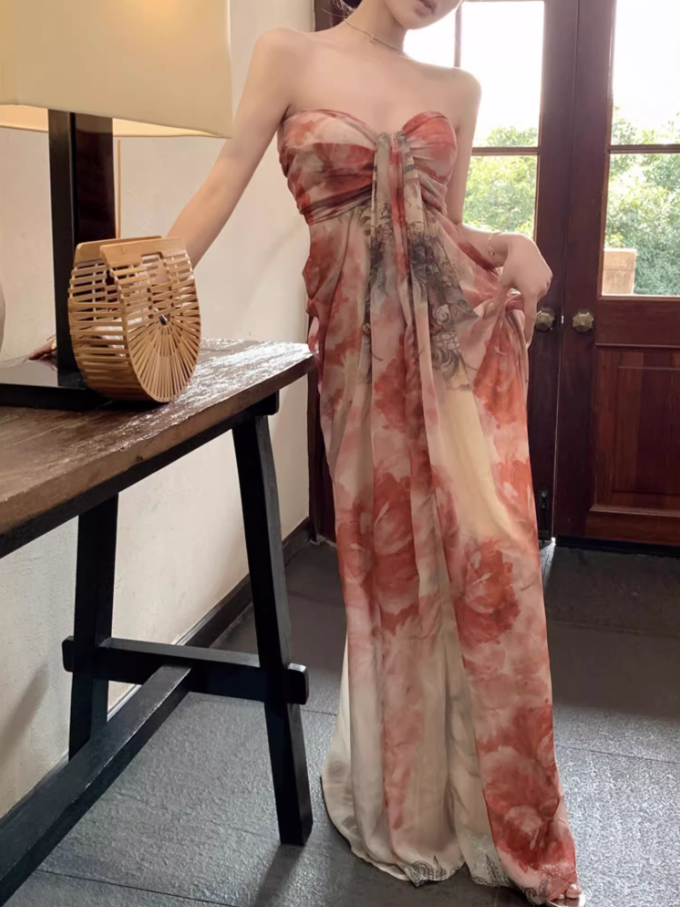 Enchanting Strapless Floral Print Maxi Dresses Fashion Ruched Sheath Flowy Long Dress AP3537