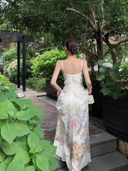 Beautiful A-Line Spaghetti Straps Maxi Dress Enticing Floral Print Draped Tulle Long Dress AP3538