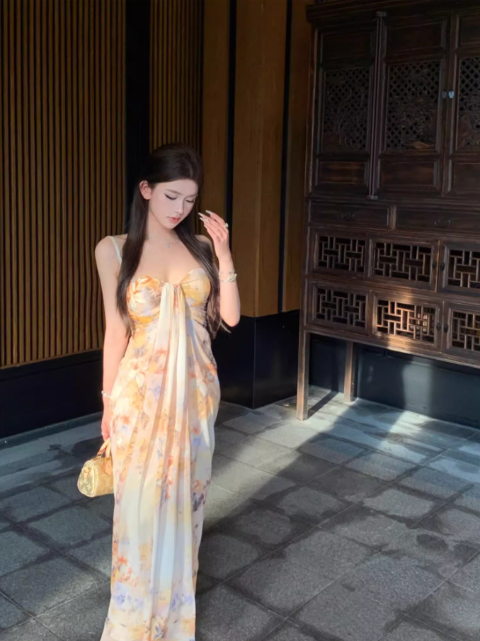 Refined Spaghetti Straps A-Line Maxi Dress Sweet Draped Tulle Floral Print Long Dress AP3539