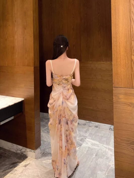 Refined Spaghetti Straps A-Line Maxi Dress Sweet Draped Tulle Floral Print Long Dress AP3539