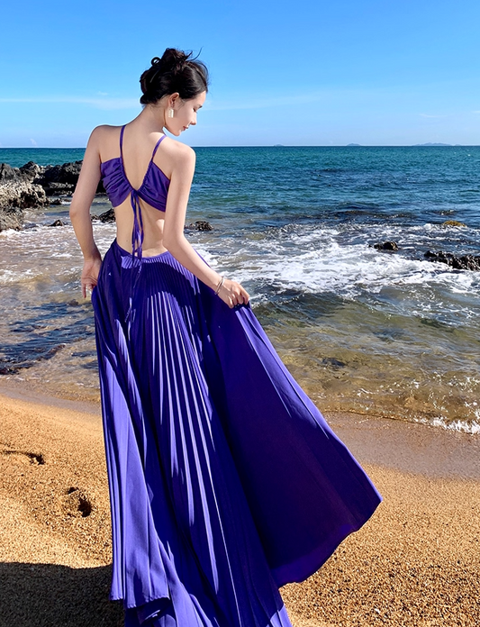 Lovely A-Line Cutout Pressed Pleat Maxi Dress Novelty Vacays Parties High-Slit Tie-Back Halter Long Dress AP3540