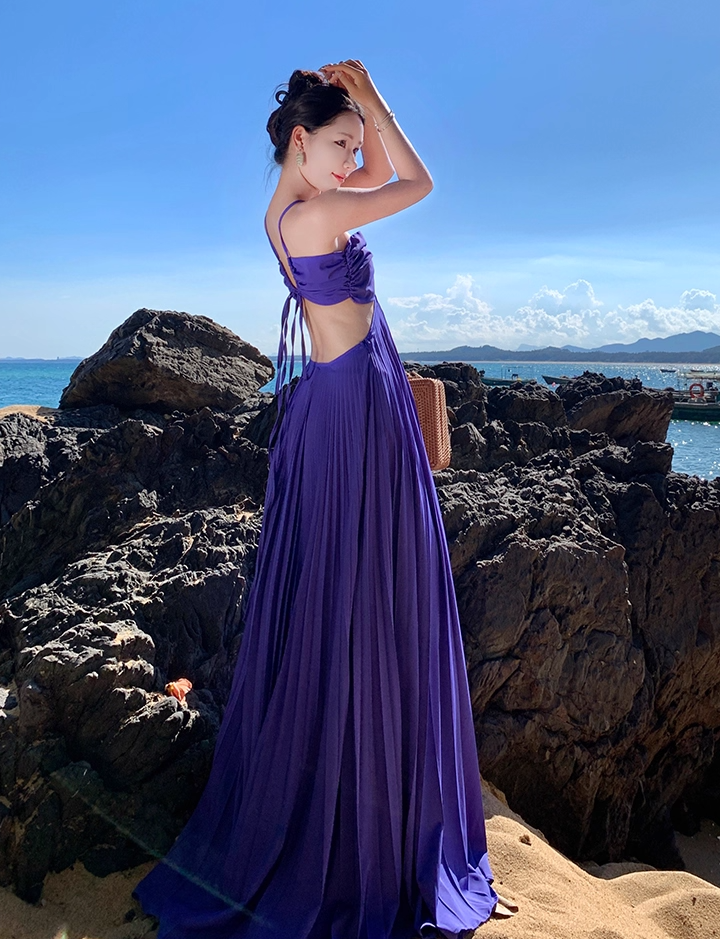 Lovely A-Line Cutout Pressed Pleat Maxi Dress Novelty Vacays Parties High-Slit Tie-Back Halter Long Dress AP3540