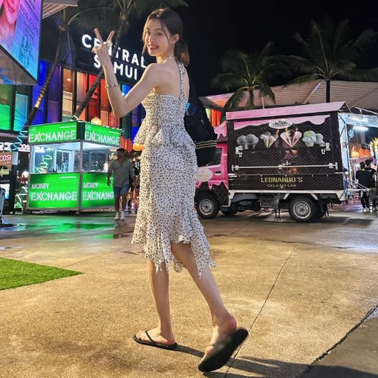 Fairy 2-Piece Set Sheath Asymmetric Hem Midi Dress Fashionable Polka Dots Print Ruffles Trim Halter Short Dress AP3543