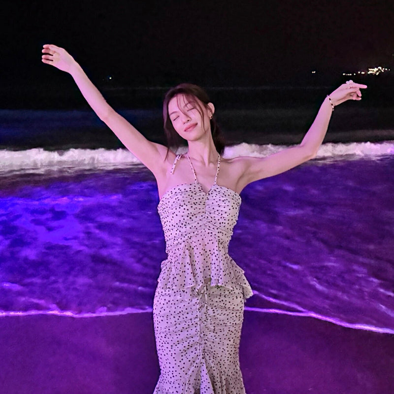 Fairy 2-Piece Set Sheath Asymmetric Hem Midi Dress Fashionable Polka Dots Print Ruffles Trim Halter Short Dress AP3543