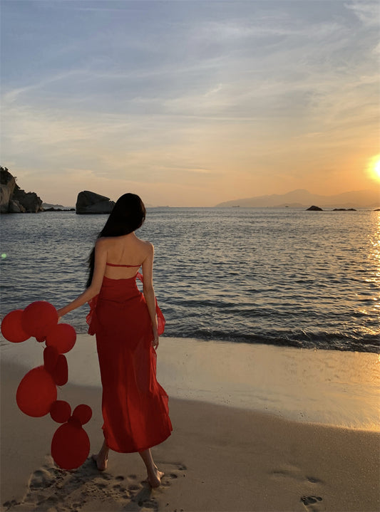 Casual Sheath Strapless Red Maxi Dress Charming Ruffles Trim High-Slit Long Dress AP3546