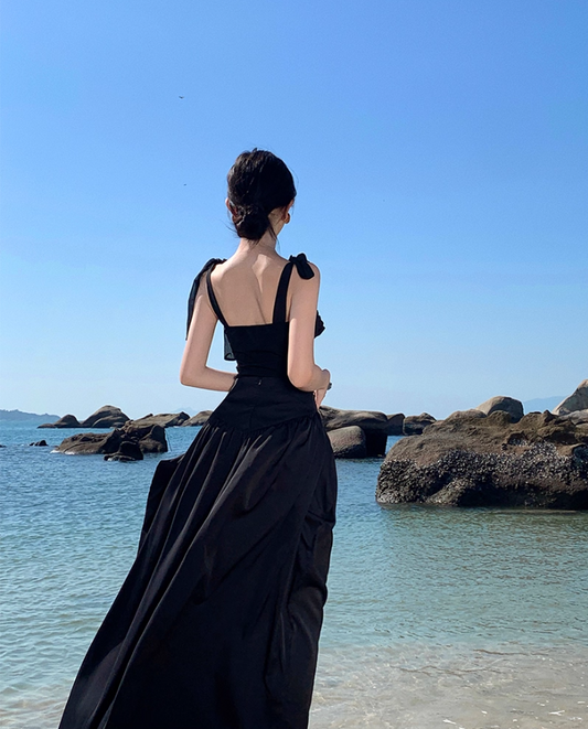 Gothic-Style Spaghetti Straps Cinched-Waist Maxi Dress Hottie Outfit Two-Piece Set Black A-Line Long Dress AP3547