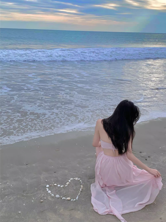 Hot Girls Pink Sheath Maxi Dress Sweet Ruffles Trim Cutout Slit Halter Long Dress AP3550