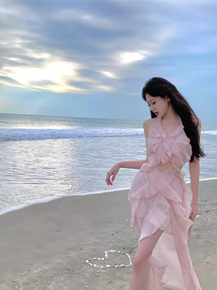 Hot Girls Pink Sheath Maxi Dress Sweet Ruffles Trim Cutout Slit Halter Long Dress AP3550