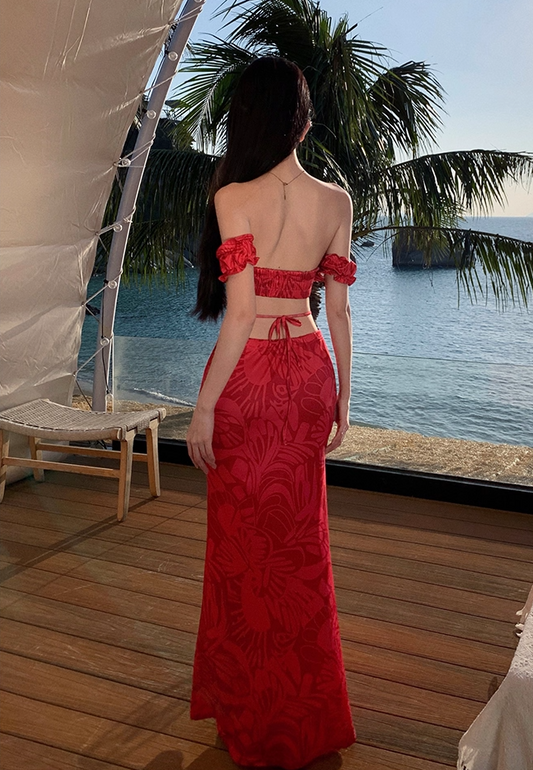 Delicate Off-Shoulder 2-Piece Set Red Maxi Dresses Dreamy Floral Print Sheath Open Waist Long Dress AP3551