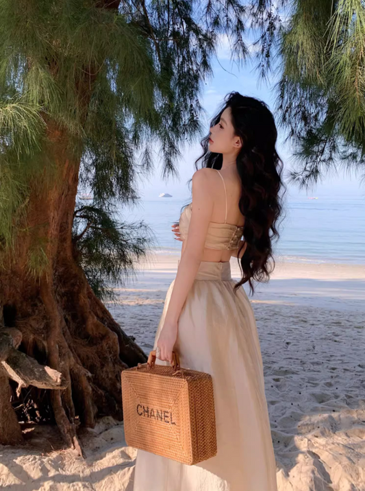 Fancy A-Line Cinched-Waist Minimalism Maxi Dress Sheen Spaghetti Straps 2-Piece Set Long Dress AP3552