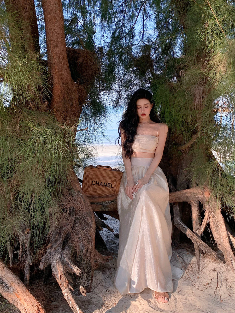 Fancy A-Line Cinched-Waist Minimalism Maxi Dress Sheen Spaghetti Straps 2-Piece Set Long Dress AP3552