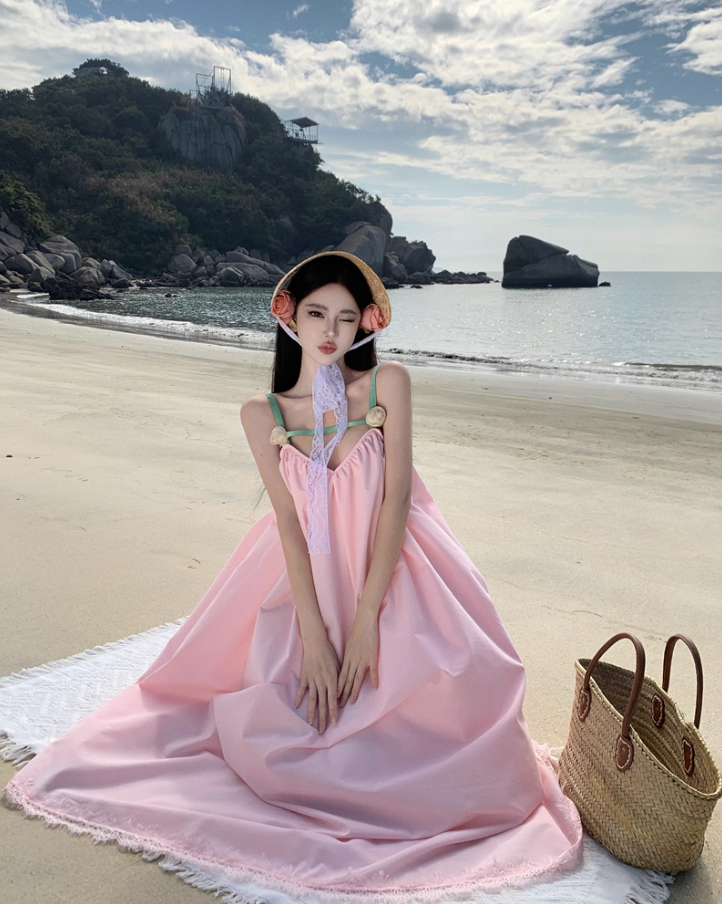 Princess A-Line 3D Floral Pink Maxi Dress Sweet Loose Fit Spaghetti Straps Lace Hem Long Dress AP3554