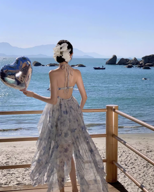 Glittering A-Line Backless Floral Print Maxi Dress Attractive Ruffles Trim Sequin Design Halter Long Dress AP3560