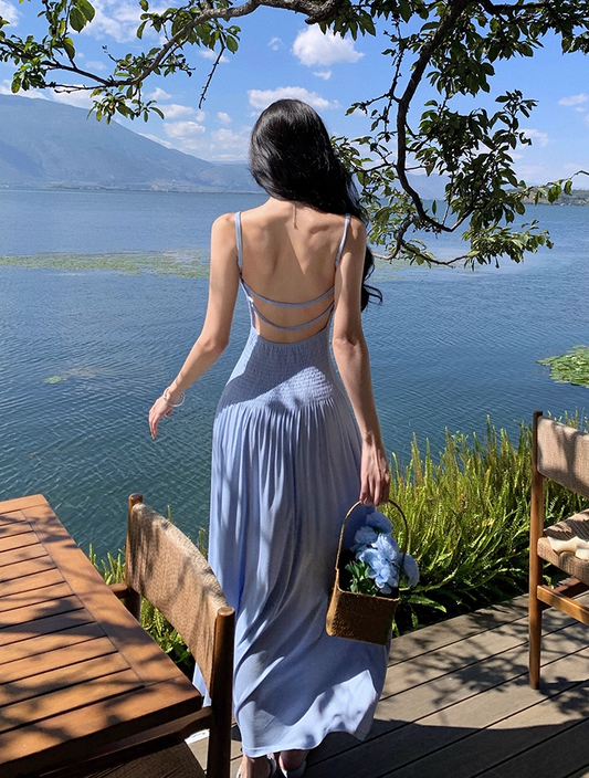 Adorable Backless Blue Maxi Dress Charming A-Line Spaghetti Straps Minimalism Long Dress AP3565