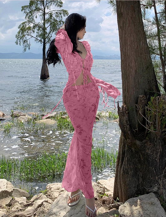 Dopamine Style 2-Piece Set Floral Print Sheath V-Neck Pink Maxi Dresses Flowy Ruffles Trim Tie-Front Long Sleeve Long Dress AP3567