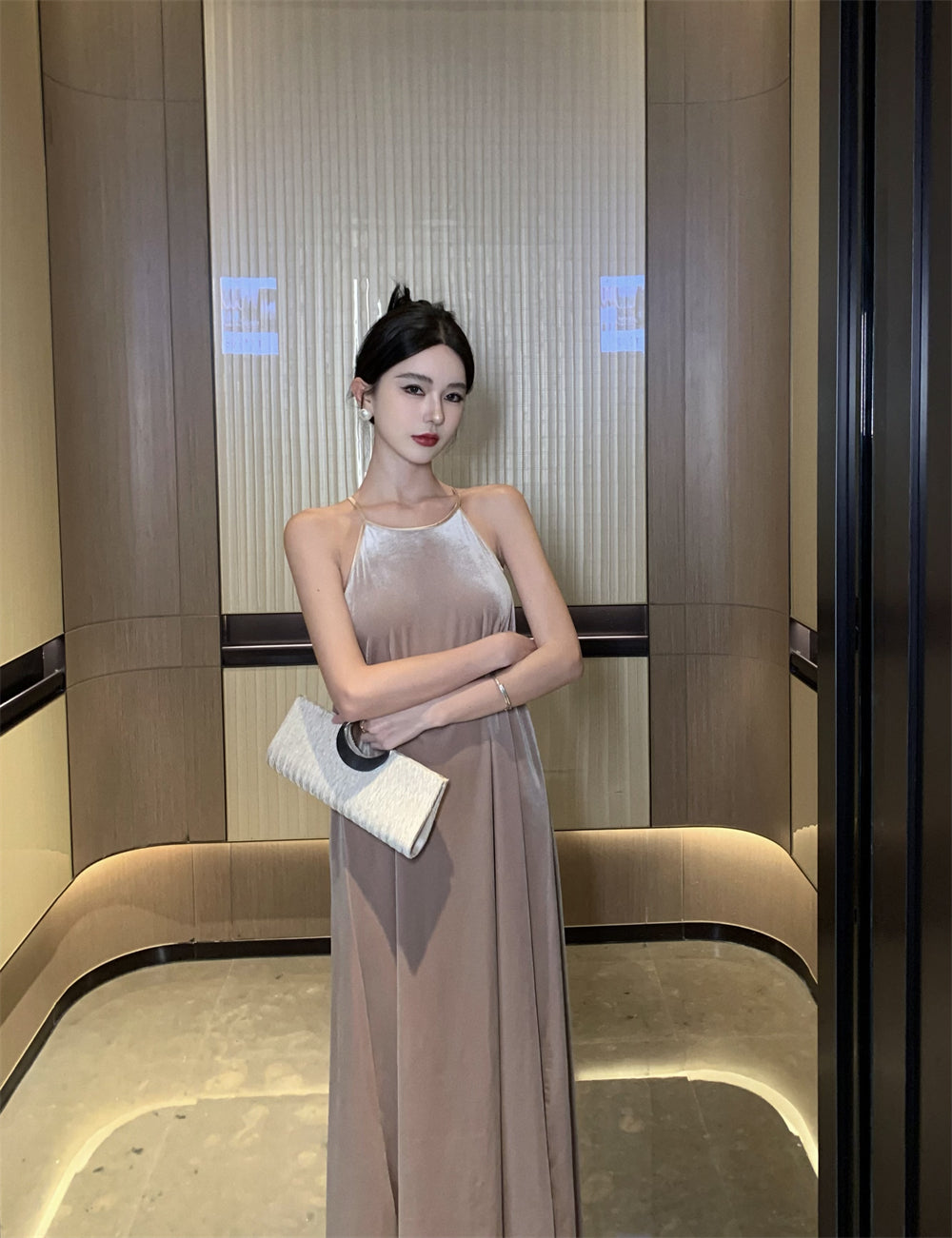 Charming Velvet Loose Fit Evening Maxi Dress Casual A-Line Flowy Hem Slit Halter Long Dress AP3568