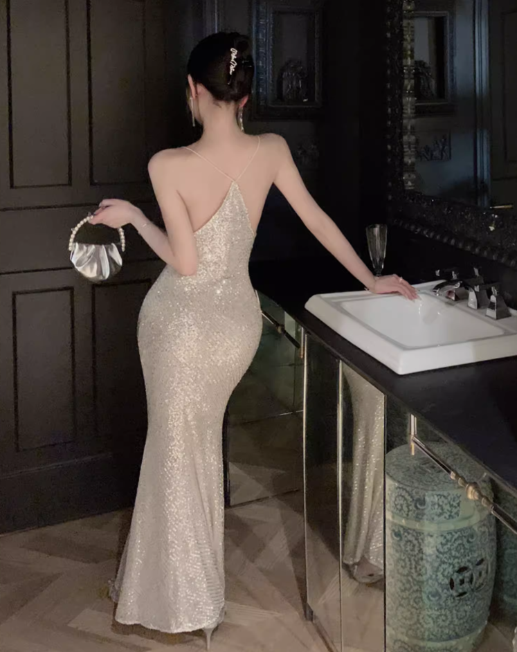 Fashionable Sequins Design Mermaid Evening Maxi Dress Charming Spaghetti Straps Parties Outfit Long Dress AP3573
