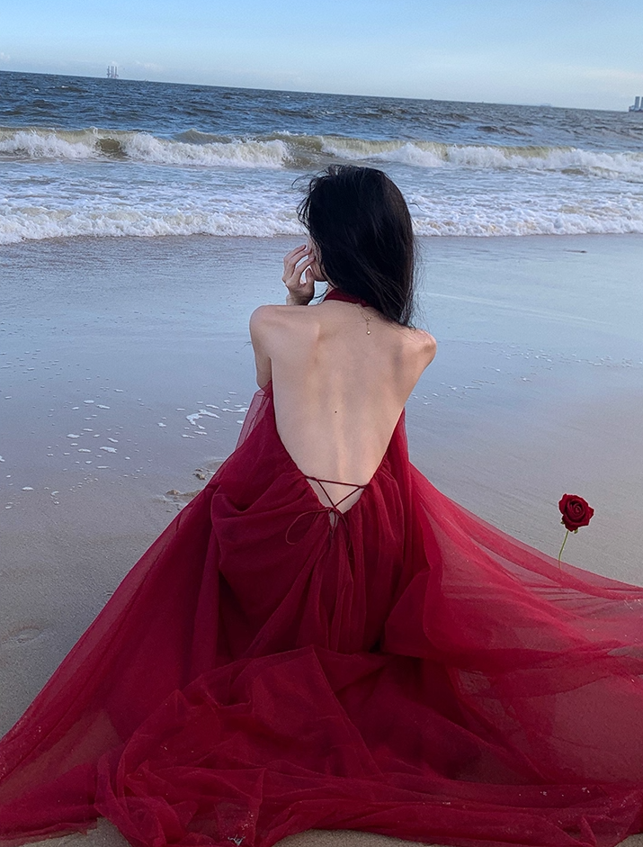 Stunning Sleeveless Tulle Layered Evening Maxi Dress Sexy A-Line Backless Red Halter Long Dress AP3576