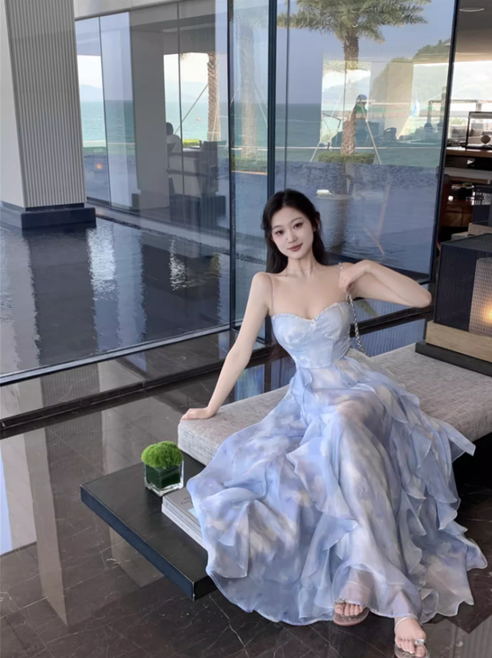 Gorgeous Spaghetti Straps Tie-Dye Beading Design Maxi Dress Chic Vacays Outfit A-Line Ruffles Trim Long Dress AP3580