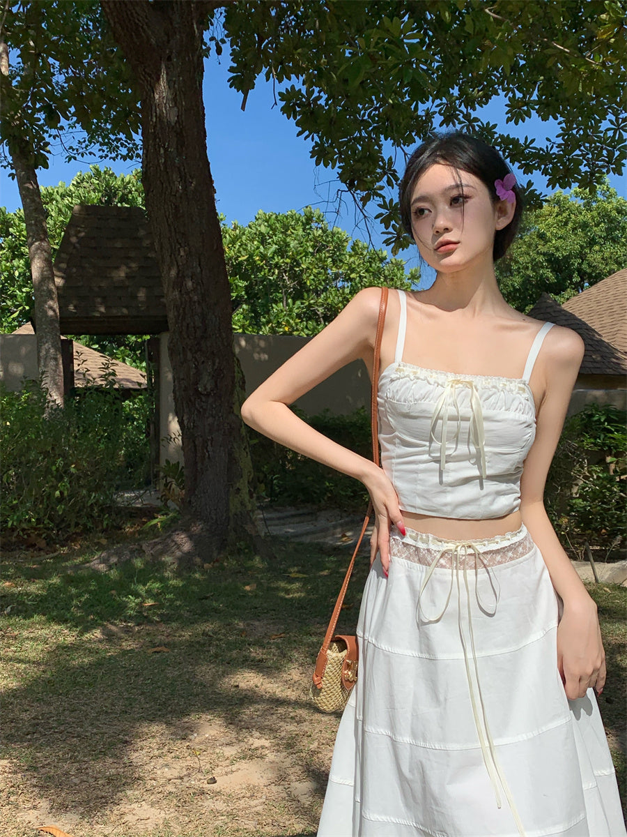 Dreamy 2-Piece Set A-Line White Maxi Dress Graceful Spaghetti Straps Cinched Bodice Lace Trim Long Dress AP3583