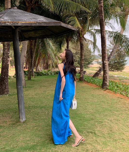 Artistic A-Line Loose Fit Blue Evening Maxi Dress Minimalism Sleeveless Casual Halter Long Dress AP3584