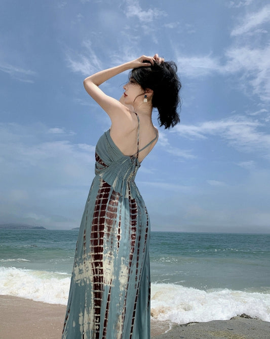 Cute A-Line Deep V Neck Maxi Dress Boho-Style Spaghetti Straps Cinched-Waist Flowy Hem Long Dress AP3586