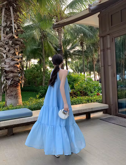 Luxury A-Line Flowy Blue Evening Maxi Dress Graceful Jewel Neck Tiered Hem Loose Fit Halter Long Dress AP3592