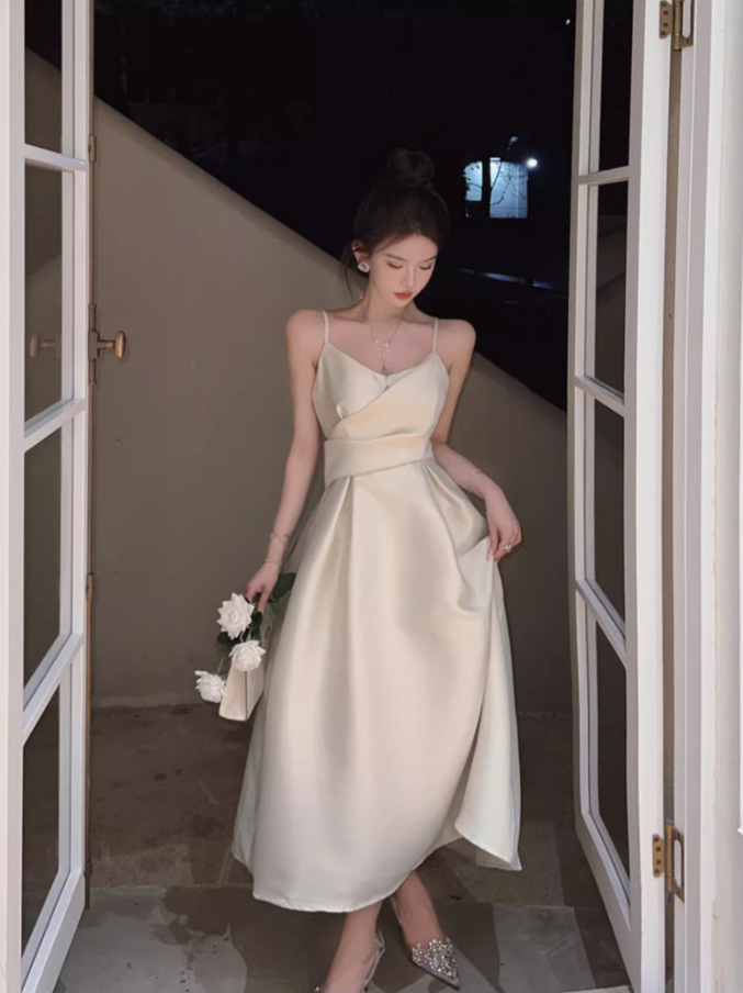 Romantic A-Line Spaghetti Straps White Maxi Dress Elegant Satin Sheen Cinched-Waist Long Dress AP3597