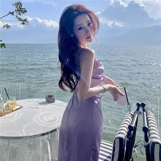 Enticing Sheath Spaghetti Straps Purple Midi Dress Elegant Slit Draped Long Dress AP3598