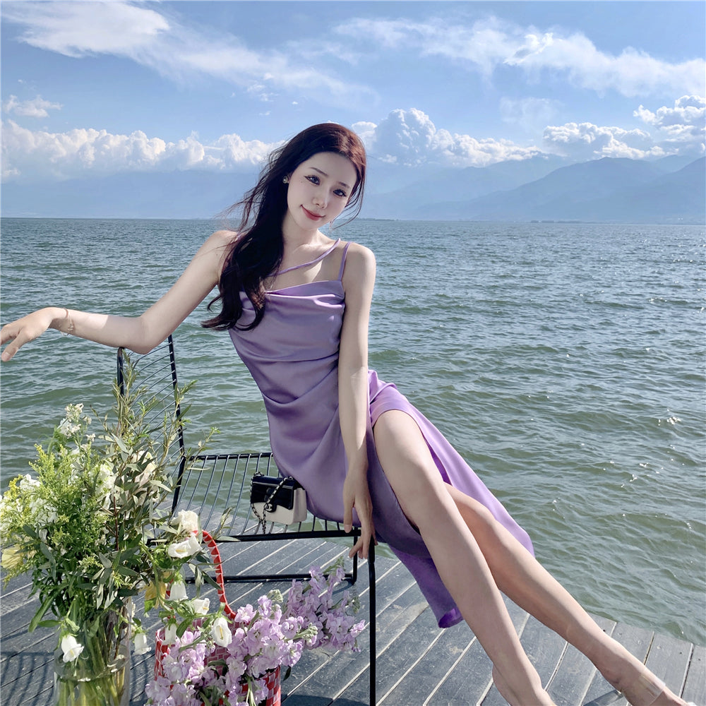 Enticing Sheath Spaghetti Straps Purple Midi Dress Elegant Slit Draped Long Dress AP3598