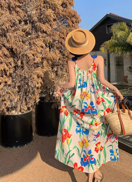 Appealing Spaghetti Straps Loose Fit Maxi Dress Everyday Wear A-Line Floral Print Long Dress AP3601