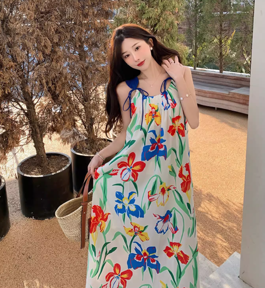 Appealing Spaghetti Straps Loose Fit Maxi Dress Everyday Wear A-Line Floral Print Long Dress AP3601