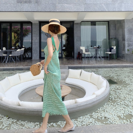 Wonderful Spaghetti Straps Green Knitted Midi Dress Vogue Sheath Everyday Wear Getaways OOTD Long Dress AP3603