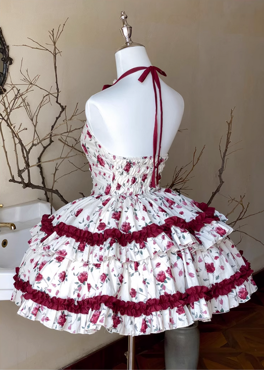 Romantic A-Line Halter Neck Tiered Backless Birthday Dresses Bow Lace Floral Print Homecoming Dress AP3605