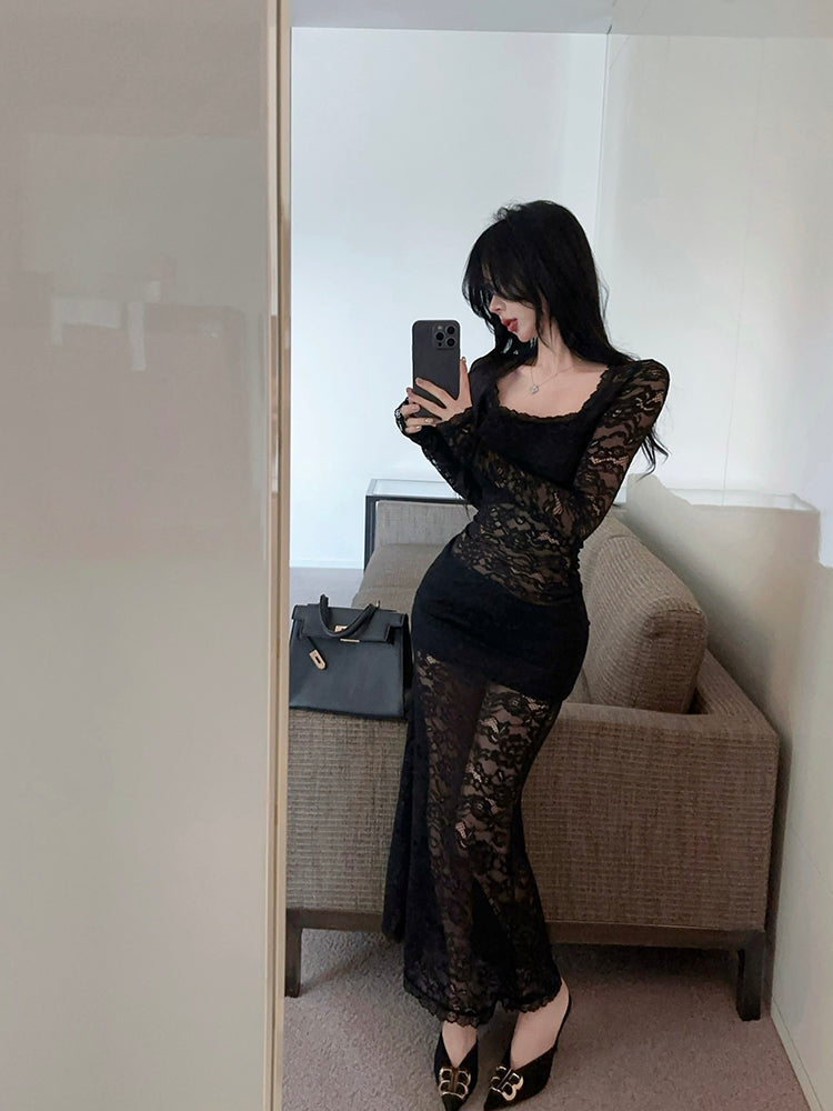 Vintage Lace Splicing Long Sleeve Black Sheath Maxi Dress Alluring Square Neck Beach Vacation Long Dress AP3618