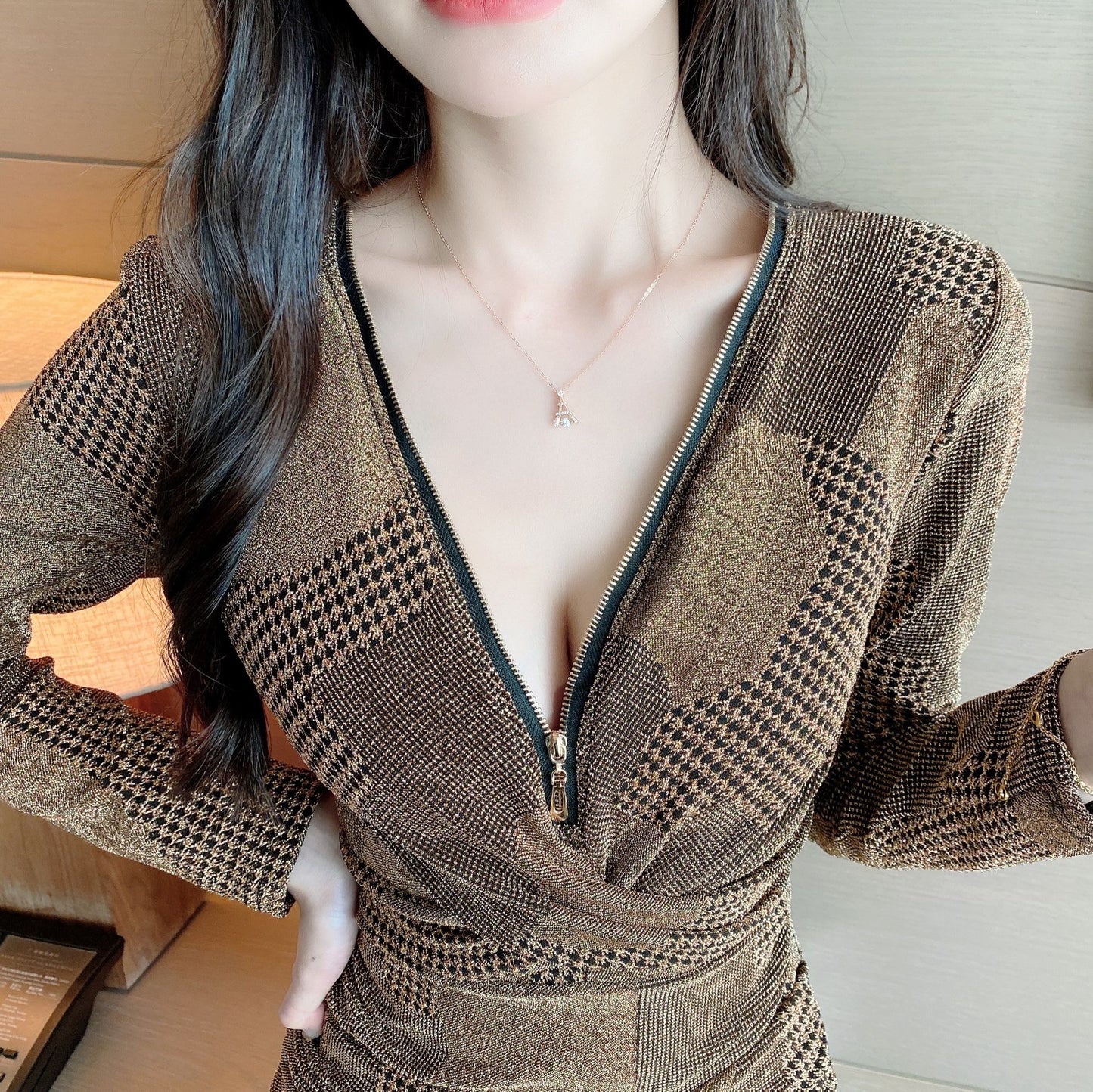 Dreamy Long Sleeve Bodycon Ruched Mini Dress Chic Deep V Neck Zipper Design Short Dress AP3620