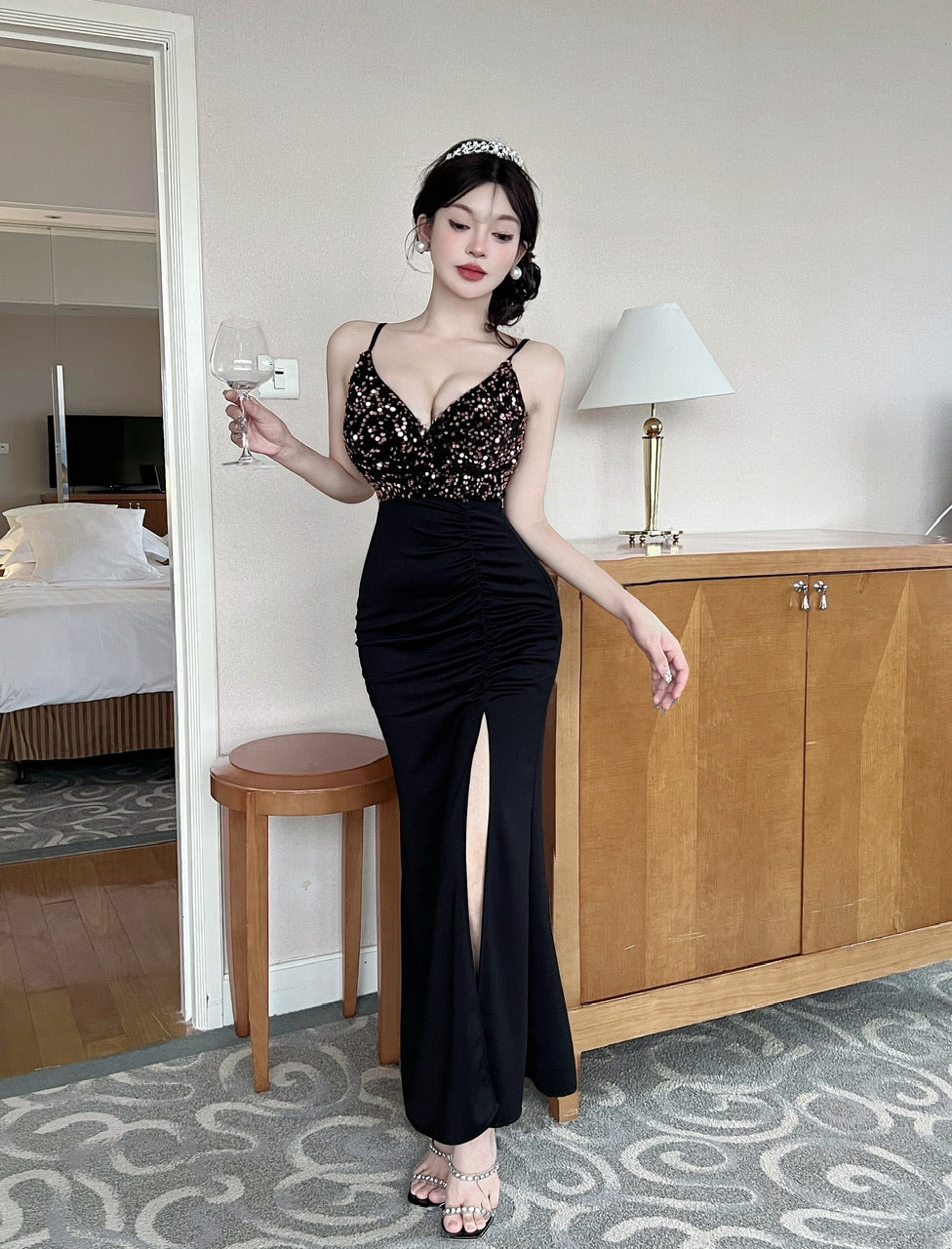 Sheen Pink Sequins High-Slit Maxi Dress Charming Black Spaghetti Strap Mermaid Long Dress AP3622