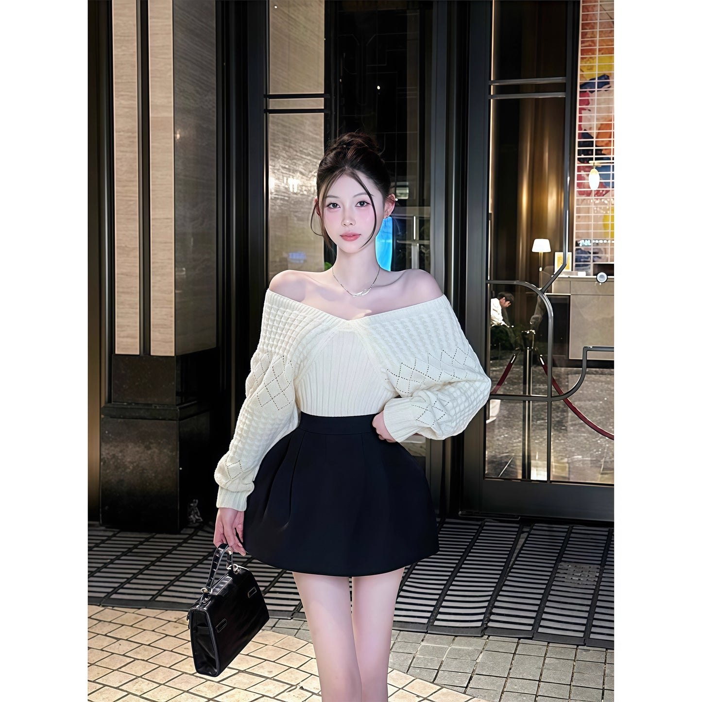Alluring Off-The-Shoulder Knit Sweater & Cinched Waist Black Mini Skirt Casual Two-Piece Set Long Sleeve A-Line Short Dress AP3623