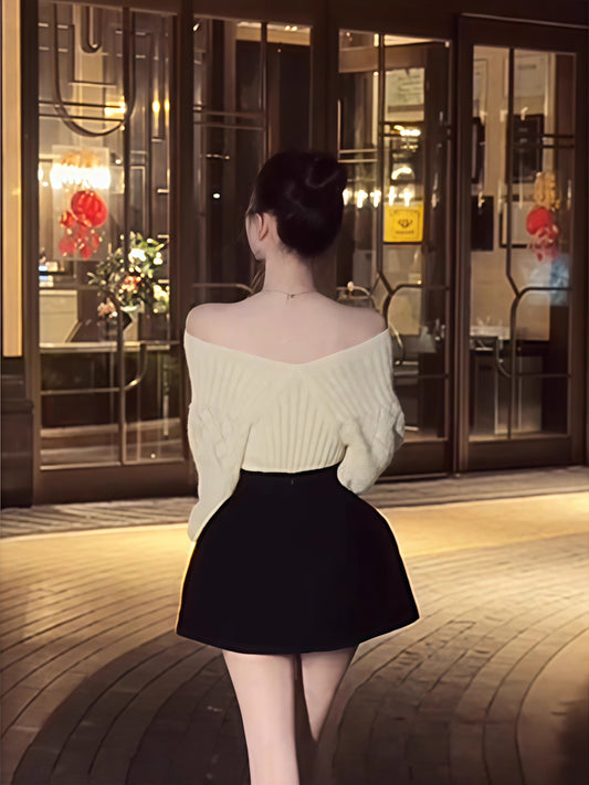 Alluring Off-The-Shoulder Knit Sweater & Cinched Waist Black Mini Skirt Casual Two-Piece Set Long Sleeve A-Line Short Dress AP3623