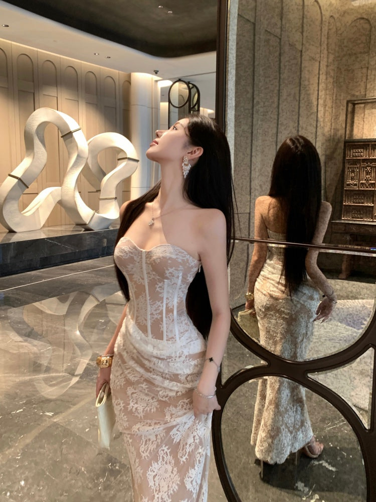 Gorgeous Strapless Backless Mermaid Evening Maxi Dresses Charming Lace Ruched Tulle Splicing Slit Long Dress AP3624